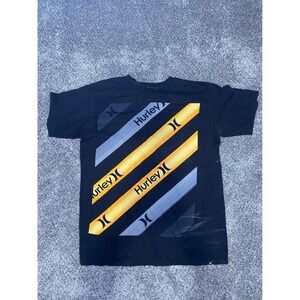 Hurley Mens Graphic T-Shirt Black Orange Grey Diagonal Stripe Logo Medium Cotton
